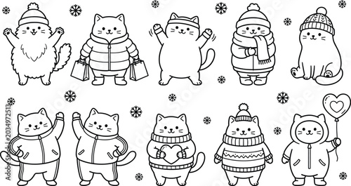 Bild auf Leinwand Cartoon winter cat icons with jackets, scarves, hats, and mittens surrounded by