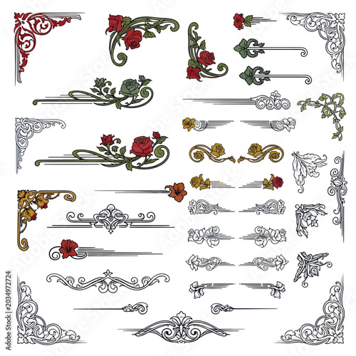 Ornate Floral Corner Accents and Decorative Borders - Vintage Design Elements