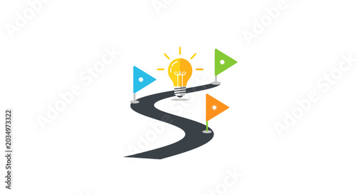 Innovation road with lightbulb and flags.