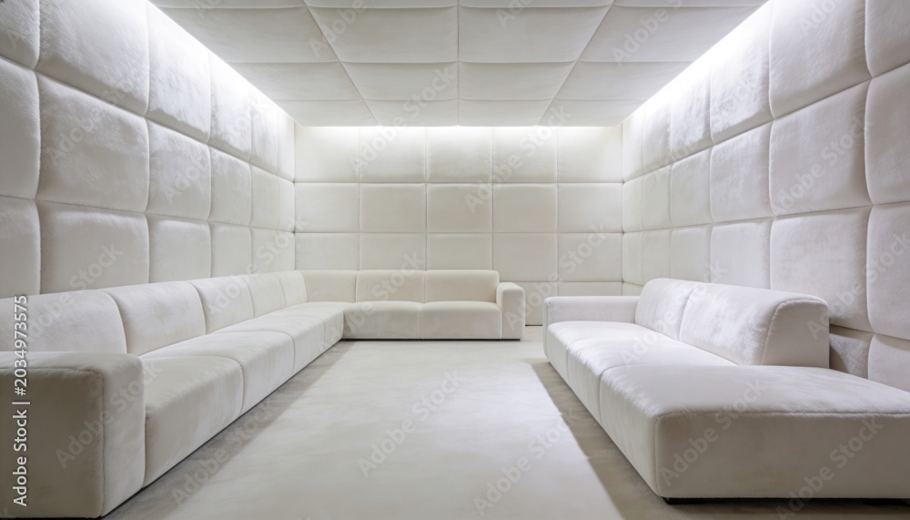Naklejka premium Occupying center, U-shaped sofas creating lounge in minimal cream room, with quilted panels