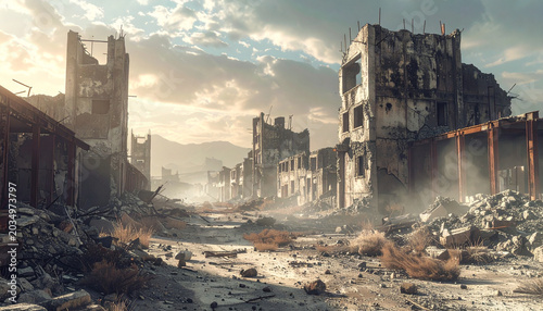 Post-apocalyptic cityscape with ruined buildings and rubble on the ground under a cloudy