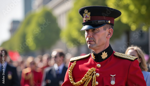 Proud Mountie in ceremonial uniform at Canada Day parade, national celebration