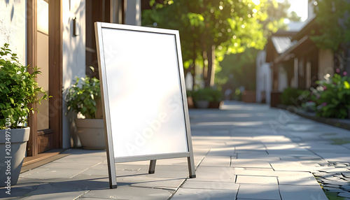 Blank A-frame sandwich board sign on cobblestone street, outdoor advertising space, welcome message board, retail storefront facade, sunny day