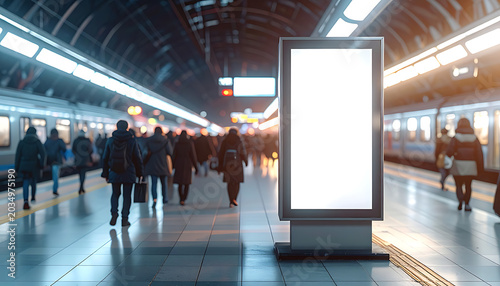 Blank advertisement billboard in a busy subway station, commuters walking past, urban transit hub, evening lighting