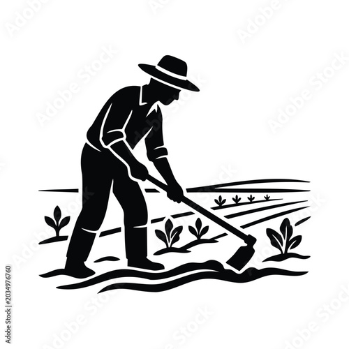 Quadro em tela Farmer working in field with hoe, cultivating crops.