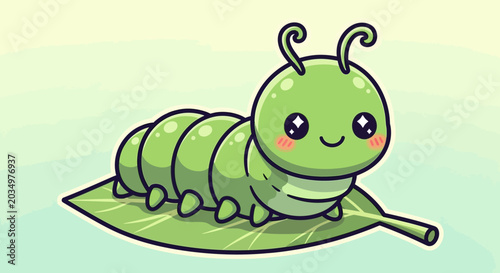 Φωτογραφία Cute Kawaii Green Caterpillar on Leaf, Cartoon Character