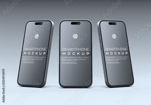 Three Smartphones Standing On Colored Background Mockup
