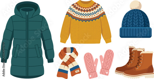 vector illustration of winter clothing collection including puffer jacket, knit sweater, beanie, scarf, mittens and boots, perfect for cold weather fashion and seasonal outfit.
