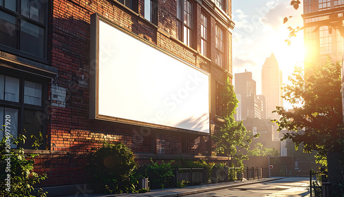Blank billboard on brick building facade in urban setting with sun flare and city skyline in background, advertising space