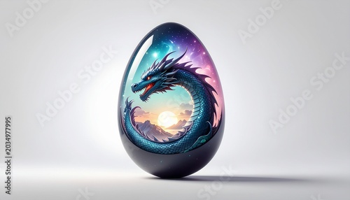 A dragon egg glows with a vibrant sunset inside on a plain background.
