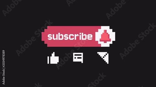 Like comment, subscribe, and share animation in retro pixel style. Transparent Alpha Channel 4K