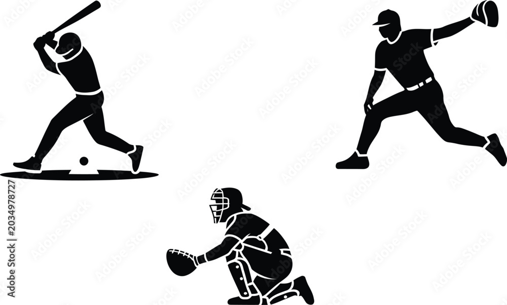 Fototapeta premium Baseball player positions icons set in solid style showing pitcher batter and catcher athletes