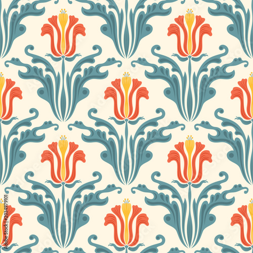 Art Nouveau Vintage Damask Retro Lily and Acanthus Leaves Floral Seamless Pattern