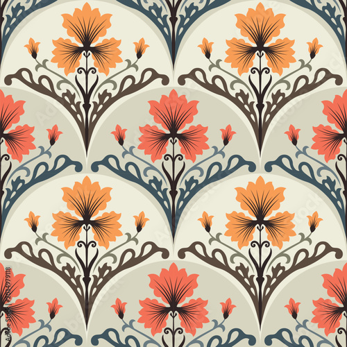 Art Nouveau Elegant Iris and Lily Floral Ogee Seamless Pattern