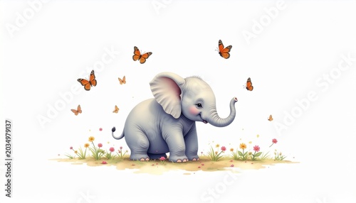 A small elephant plays with butterflies in a field of flowers.