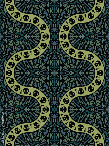 Gothic Luxury Skull and Snake Ogee Seamless Pattern with Mystical Ornaments