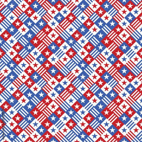 Patriotic USA Flag Geometric Mosaic Seamless Pattern with Stars and Stripes