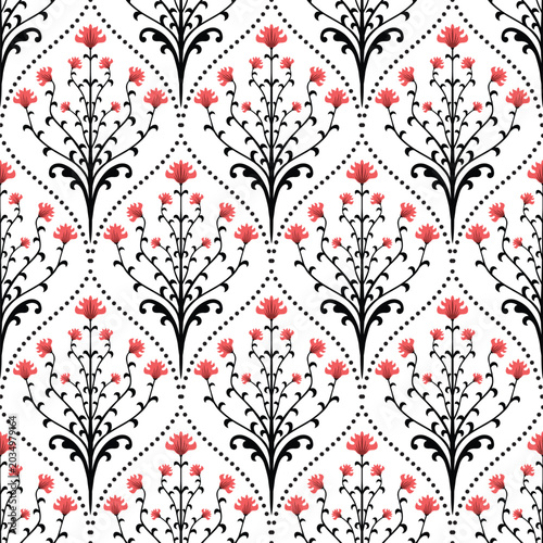 Vintage Elegant Damask Chintz Floral Seamless Pattern with Red Carnation Flowers and Dotted Diamond Lattice