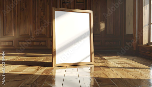 Blank canvas in a rustic wooden frame, casting shadows on a polished wooden floor in a sunlit room, ideal for art display or interior design mockup
