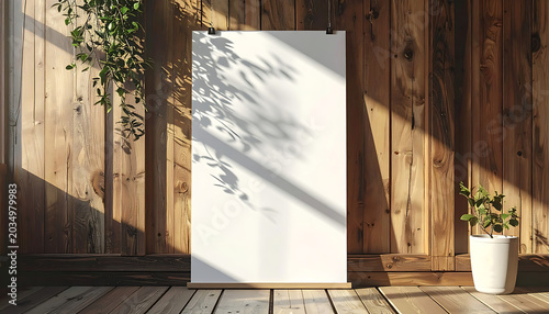 Blank canvas on wooden wall background with sunlight and shadow, perfect for presentations or art display
