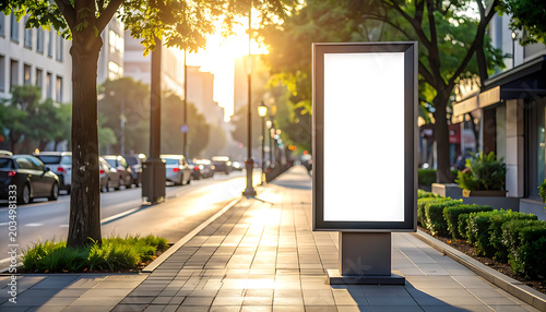 Blank digital billboard on a sunny city sidewalk, advertising space, urban street scene with traffic and buildings