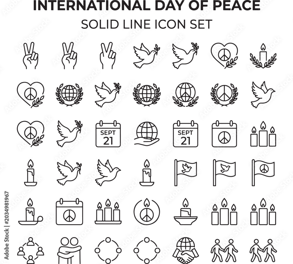 Fototapeta premium Peace Icons Set with Solid Line Drawings and Symbols for International Day of Peace Featuring Dove, Heart, Candle with Globe and Laurel Elements For