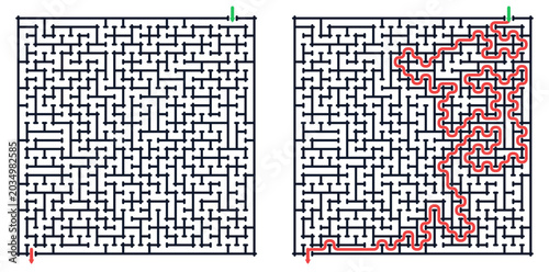 Classic square block maze puzzle game and answer path educational activity page for children printable logic worksheet vector design