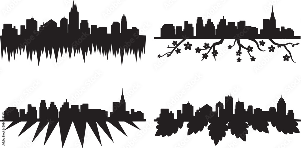 Obraz premium City skyline silhouettes icons set in black solid style with nature and geometric elements