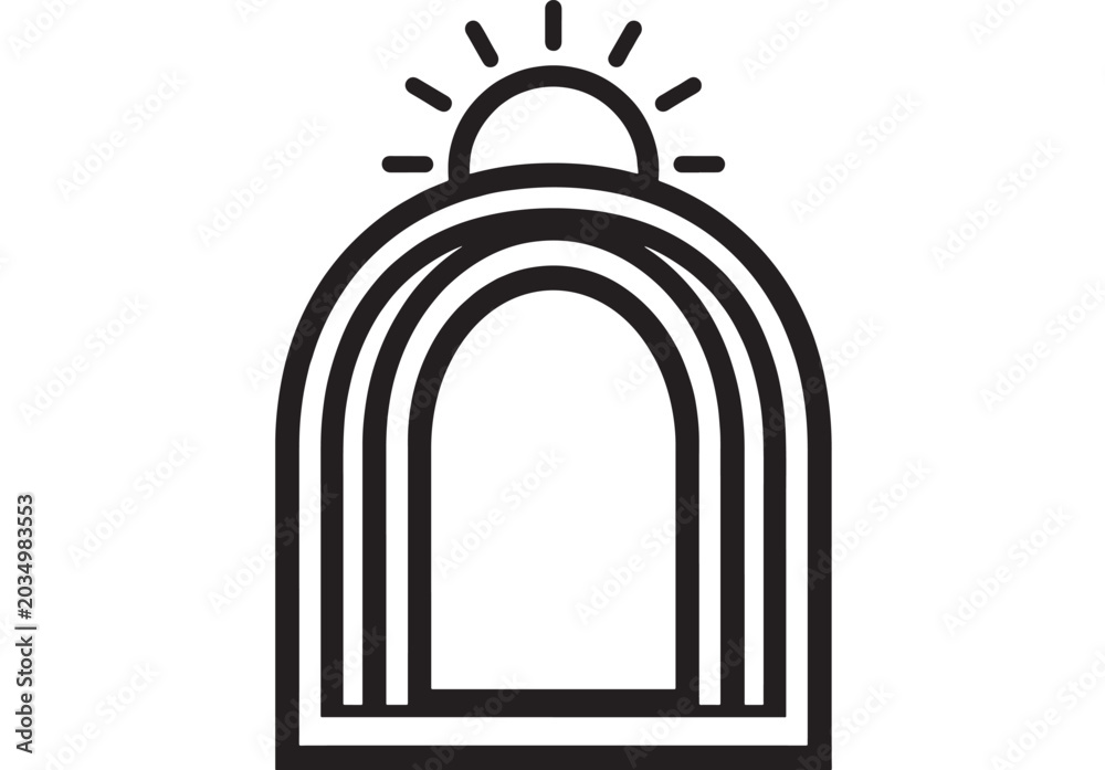 Fototapeta premium Sun Emerging From Window Icon with Rays and Arch Design Featuring Light, Bright, Morning with Sunrise and Graphic Elements for Symbol, Illustration