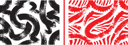 Bild auf Leinwand Abstract brush stroke seamless patterns with black and red hand drawn ink textur