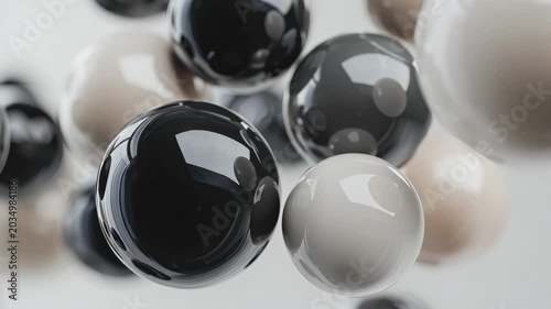 Slow motion tracking of glossy black and white spheres drifting and rotating in white studio interior for abstract design close up