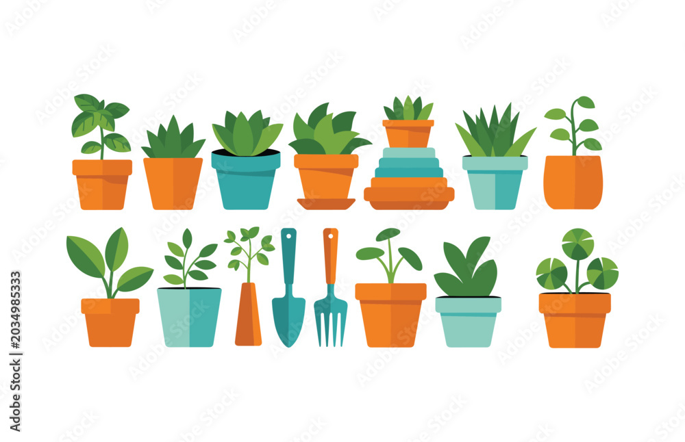 Fototapeta premium Indoor gardening illustration featuring potted houseplants, garden tools, decorative planters, botanical collection and home plant care concept