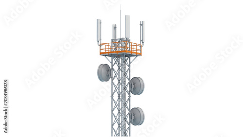 Modern telecommunications tower with metal structure and satellite dish antennas for wireless data network on transparent background