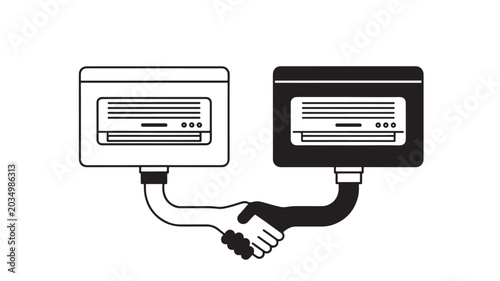 Handshake Between Two Computer Icons Connected by Linking Cable, Cybersecurity Networking Concept in Line Art Style