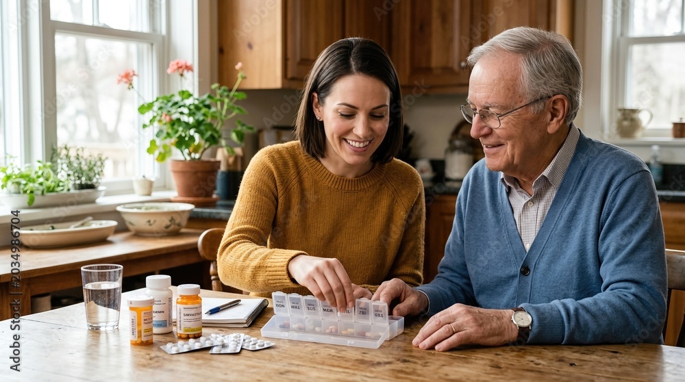 Fototapeta premium Woman organizing pills for senior man at kitchen table. Caring daughter helping father with medication schedule. Healthy aging and elderly care concept