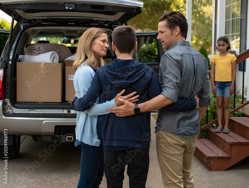 Family standing in front of packed suv on moving day together