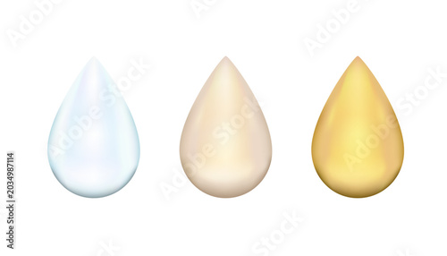 Photos Realistic vector icon set of three fluid drops representing pure hydrating water, a nourishing milky emulsion, and a golden organic serum oil