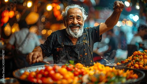 Senior chef preparing colorful dish in kitchen.