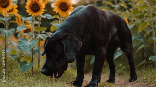 Tracking shot of black labrador dog walking turning and sniffing among tall sunflowers in rural field at golden hour evening light for nature scenes