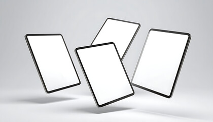 Four floating digital tablets with blank white screens, arranged dynamically on a light gray studio background, ideal for app promotion or website mockups