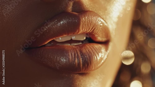 Slow motion close up of lips parting and closing with glossy lipstick in warm studio lighting