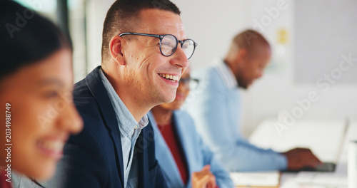 Fotografía Meeting, business or man with smile in office, corporate training or learning in insurance agency
