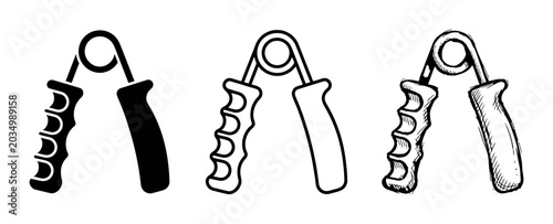 Tableau sur toile Hand Gripper Icons: Black Silhouette, Outline, and Sketch Styles for Fitness and