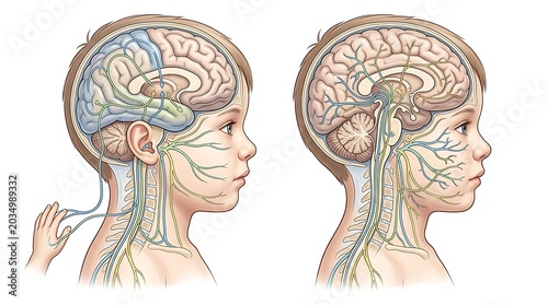 Anatomy of the brain and nervous system in a child head