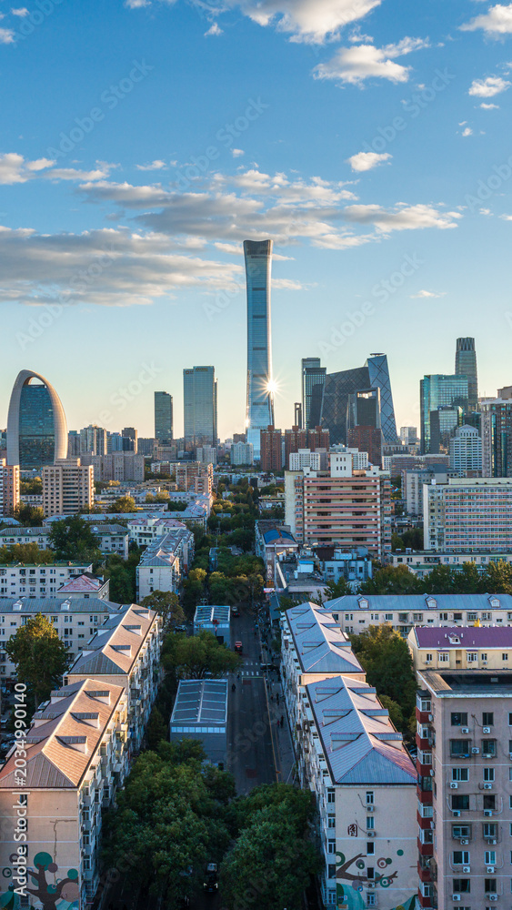 Fototapeta premium A panoramic view of the city skyline in Beijing's CBD core area; a comparison of urban development between the old and new urban areas.