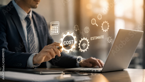AI generated business professional interacting digital cost estimate interface laptop warm office lighting concept of financial planning data analysis modern technology for corporate decision