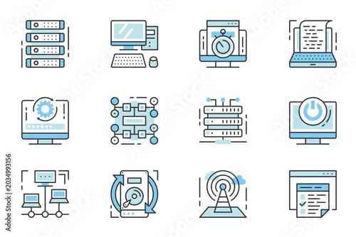 Network technology web icons set in line stroke design. Outline duotone pictogram pack of rack server, desktop computer, uptime program, system update, structure, backup, more. Vector illustration.