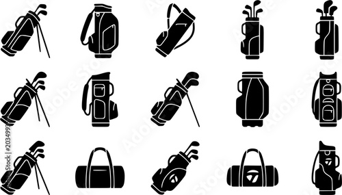 Golf bag silhouette icon set, flat black glyph 
style, pure white background