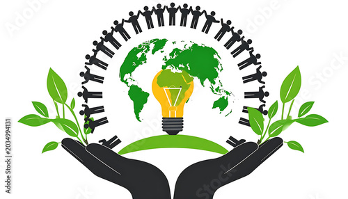 Diverse global community holding hands around earth with illuminated lightbulb symbolizing sustainability and innovation, growth concept