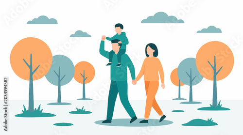 Εκτύπωση καμβά Family walking together in a park, father carrying child on shoulders, flat illu